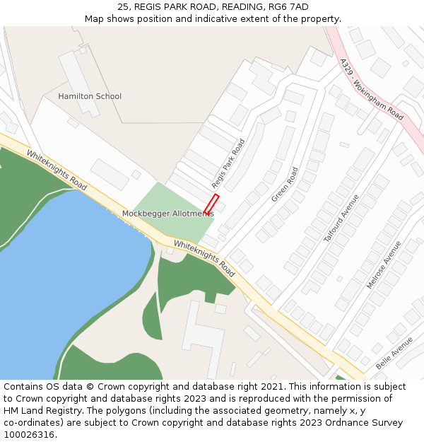 25, REGIS PARK ROAD, READING, RG6 7AD: Location map and indicative extent of plot