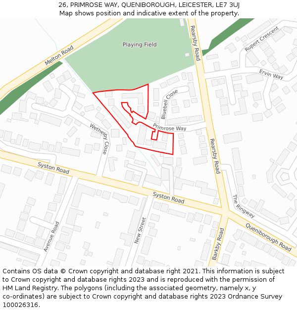 26, PRIMROSE WAY, QUENIBOROUGH, LEICESTER, LE7 3UJ: Location map and indicative extent of plot