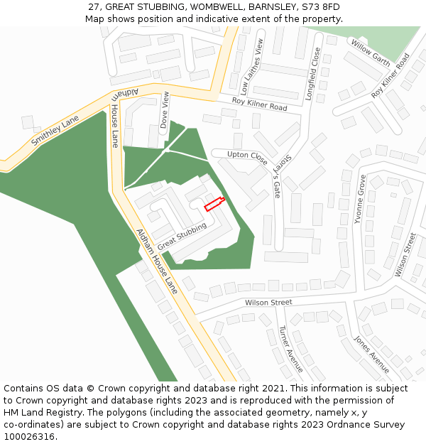 27, GREAT STUBBING, WOMBWELL, BARNSLEY, S73 8FD: Location map and indicative extent of plot