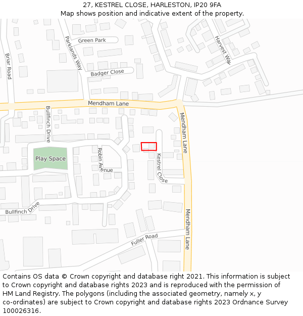 27, KESTREL CLOSE, HARLESTON, IP20 9FA: Location map and indicative extent of plot