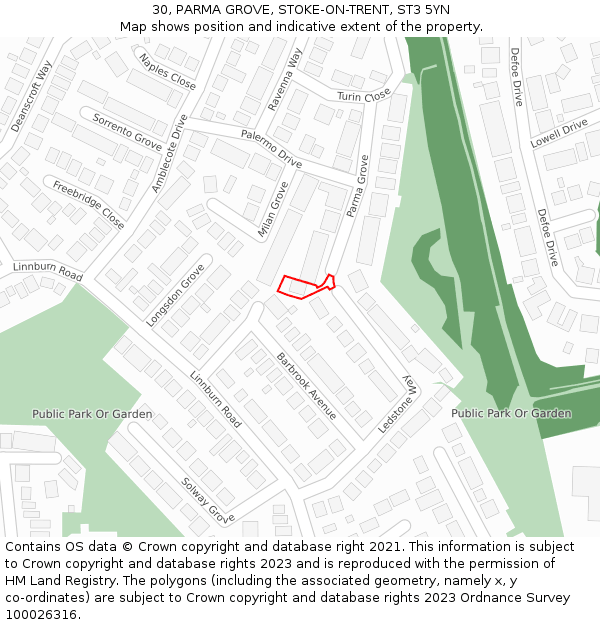 30, PARMA GROVE, STOKE-ON-TRENT, ST3 5YN: Location map and indicative extent of plot