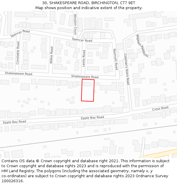 30, SHAKESPEARE ROAD, BIRCHINGTON, CT7 9ET: Location map and indicative extent of plot