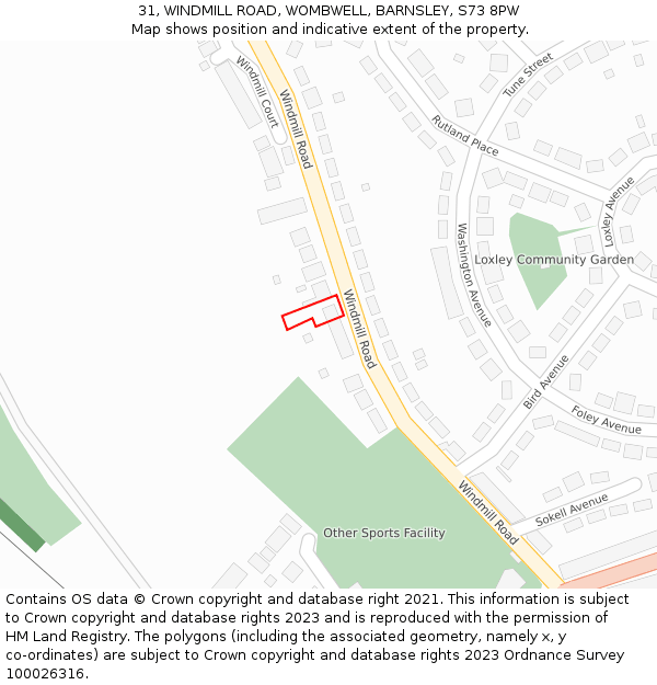 31, WINDMILL ROAD, WOMBWELL, BARNSLEY, S73 8PW: Location map and indicative extent of plot