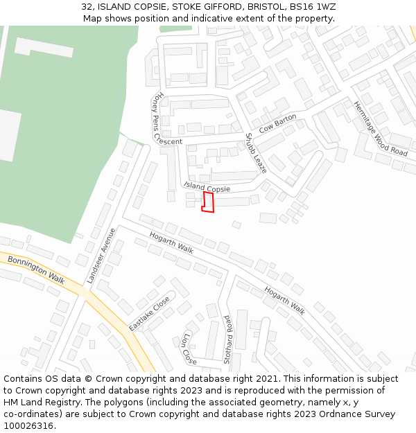 32, ISLAND COPSIE, STOKE GIFFORD, BRISTOL, BS16 1WZ: Location map and indicative extent of plot