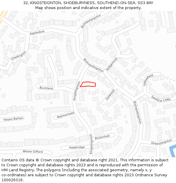 32, KINGSTEIGNTON, SHOEBURYNESS, SOUTHEND-ON-SEA, SS3 8AY: Location map and indicative extent of plot