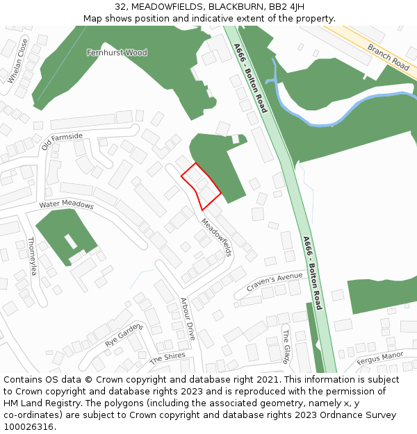 32, MEADOWFIELDS, BLACKBURN, BB2 4JH: Location map and indicative extent of plot