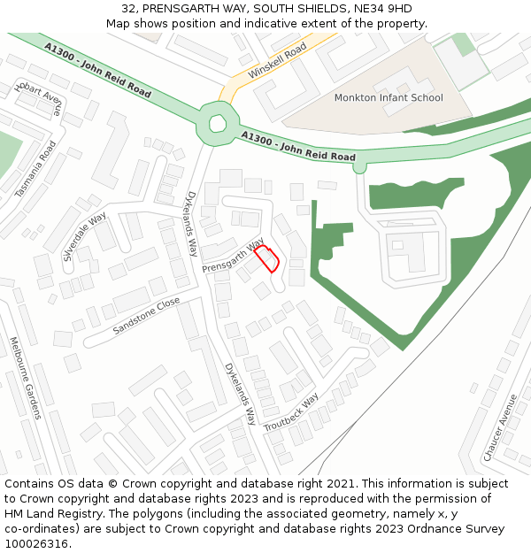 32, PRENSGARTH WAY, SOUTH SHIELDS, NE34 9HD: Location map and indicative extent of plot
