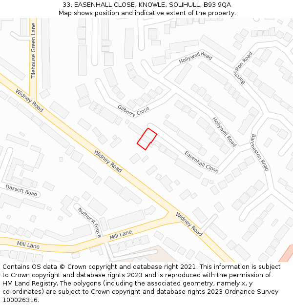 33, EASENHALL CLOSE, KNOWLE, SOLIHULL, B93 9QA: Location map and indicative extent of plot