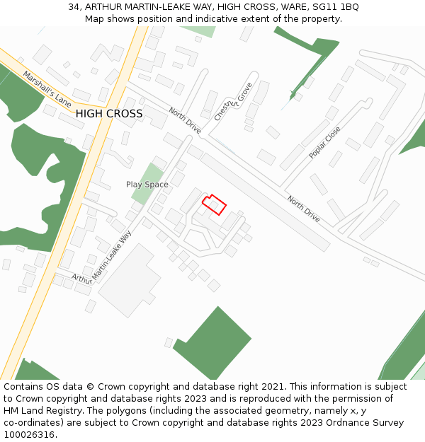 34, ARTHUR MARTIN-LEAKE WAY, HIGH CROSS, WARE, SG11 1BQ: Location map and indicative extent of plot