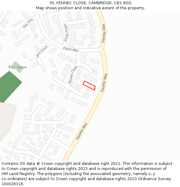 35, FENNEC CLOSE, CAMBRIDGE, CB1 9GG: Location map and indicative extent of plot