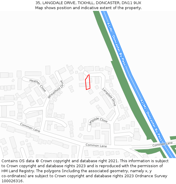 35, LANGDALE DRIVE, TICKHILL, DONCASTER, DN11 9UX: Location map and indicative extent of plot
