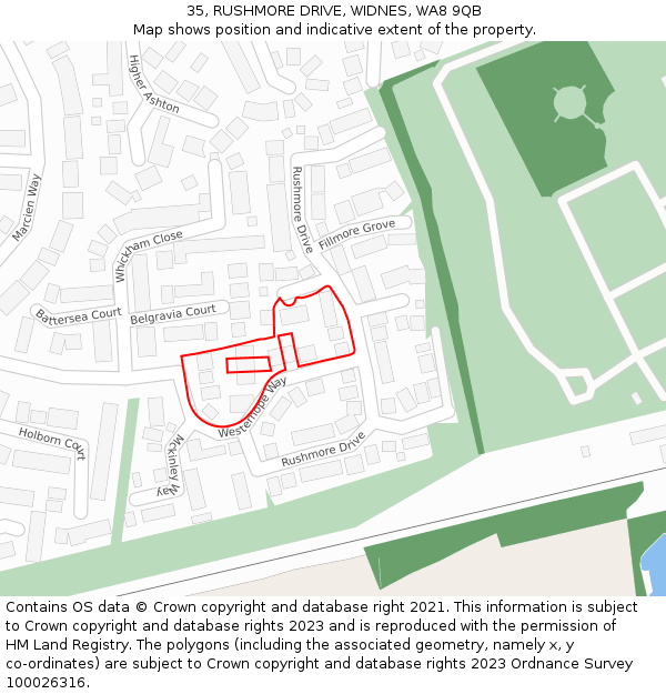 35, RUSHMORE DRIVE, WIDNES, WA8 9QB: Location map and indicative extent of plot