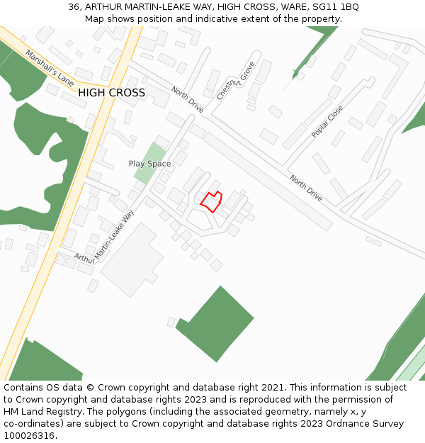 36, ARTHUR MARTIN-LEAKE WAY, HIGH CROSS, WARE, SG11 1BQ: Location map and indicative extent of plot