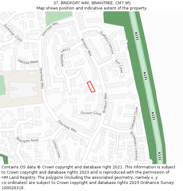 37, BRIDPORT WAY, BRAINTREE, CM7 9FJ: Location map and indicative extent of plot