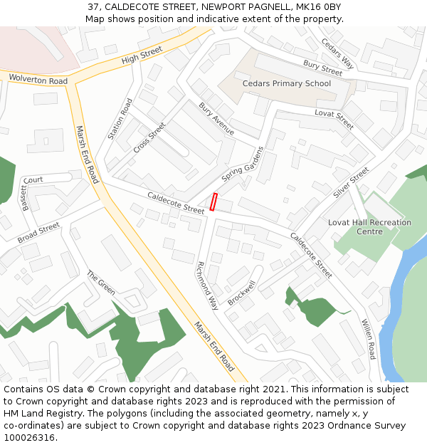 37, CALDECOTE STREET, NEWPORT PAGNELL, MK16 0BY: Location map and indicative extent of plot
