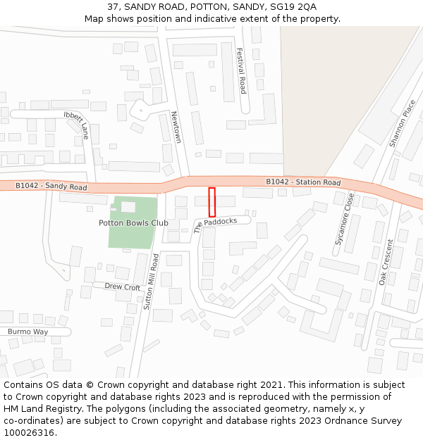 37, SANDY ROAD, POTTON, SANDY, SG19 2QA: Location map and indicative extent of plot