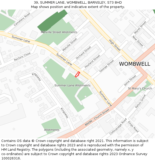 39, SUMMER LANE, WOMBWELL, BARNSLEY, S73 8HD: Location map and indicative extent of plot