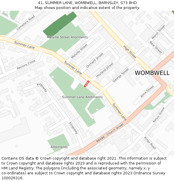 41, SUMMER LANE, WOMBWELL, BARNSLEY, S73 8HD: Location map and indicative extent of plot