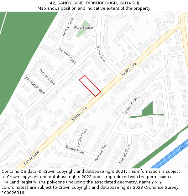 42, SANDY LANE, FARNBOROUGH, GU14 9HJ: Location map and indicative extent of plot