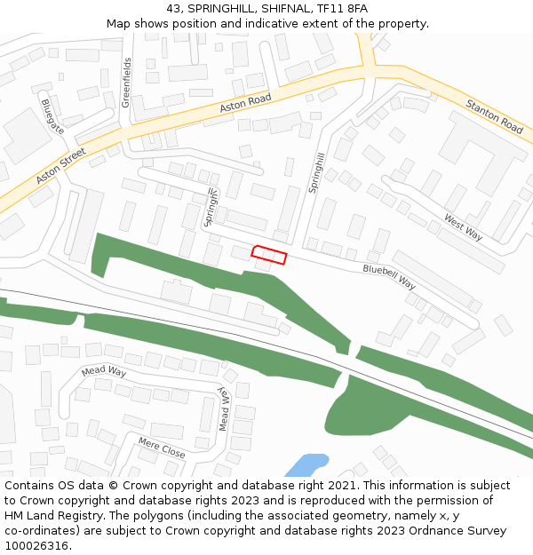43, SPRINGHILL, SHIFNAL, TF11 8FA: Location map and indicative extent of plot