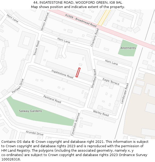 44, INGATESTONE ROAD, WOODFORD GREEN, IG8 9AL: Location map and indicative extent of plot