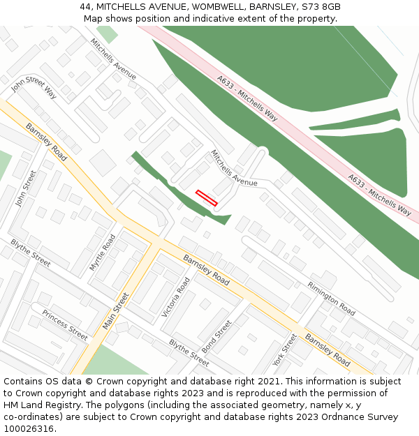 44, MITCHELLS AVENUE, WOMBWELL, BARNSLEY, S73 8GB: Location map and indicative extent of plot