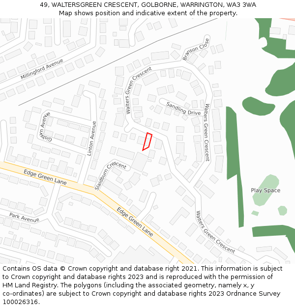 49, WALTERSGREEN CRESCENT, GOLBORNE, WARRINGTON, WA3 3WA: Location map and indicative extent of plot