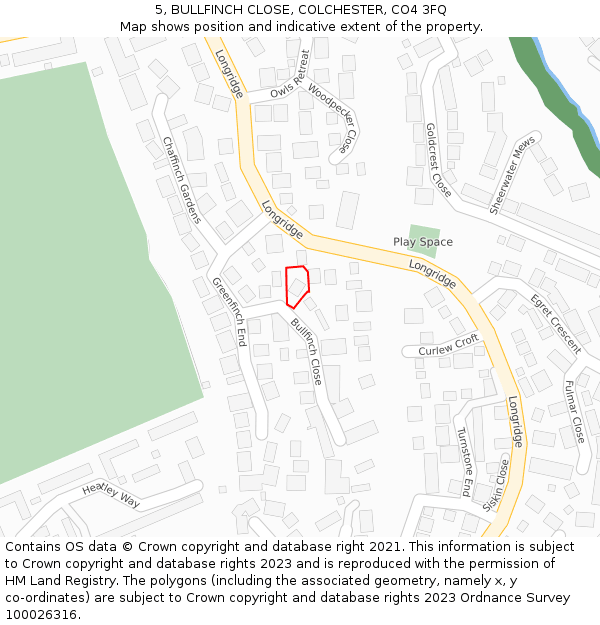 5, BULLFINCH CLOSE, COLCHESTER, CO4 3FQ: Location map and indicative extent of plot