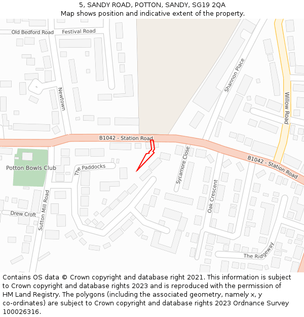 5, SANDY ROAD, POTTON, SANDY, SG19 2QA: Location map and indicative extent of plot