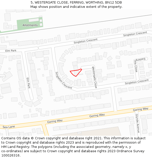 5, WESTERGATE CLOSE, FERRING, WORTHING, BN12 5DB: Location map and indicative extent of plot
