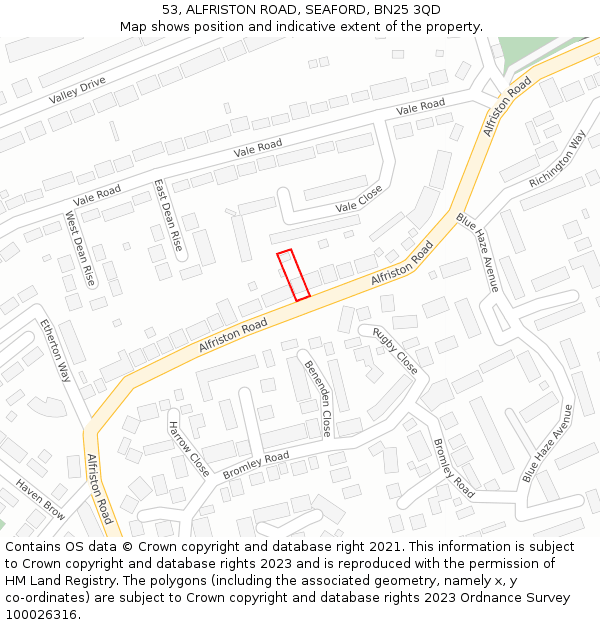 53, ALFRISTON ROAD, SEAFORD, BN25 3QD: Location map and indicative extent of plot