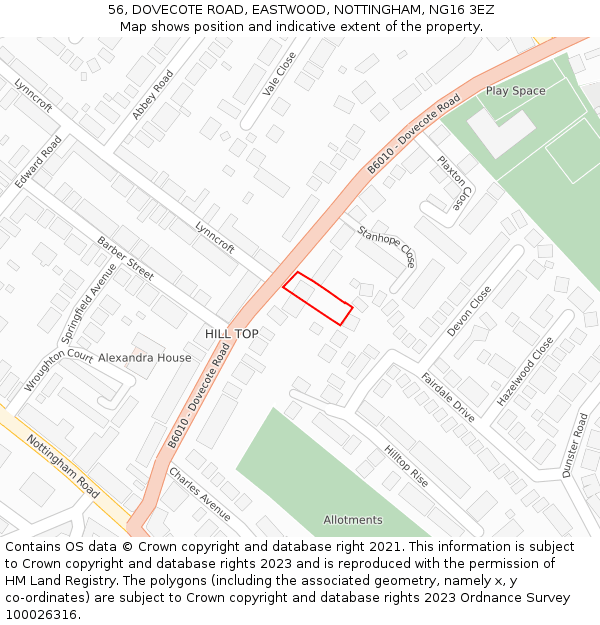 56, DOVECOTE ROAD, EASTWOOD, NOTTINGHAM, NG16 3EZ: Location map and indicative extent of plot