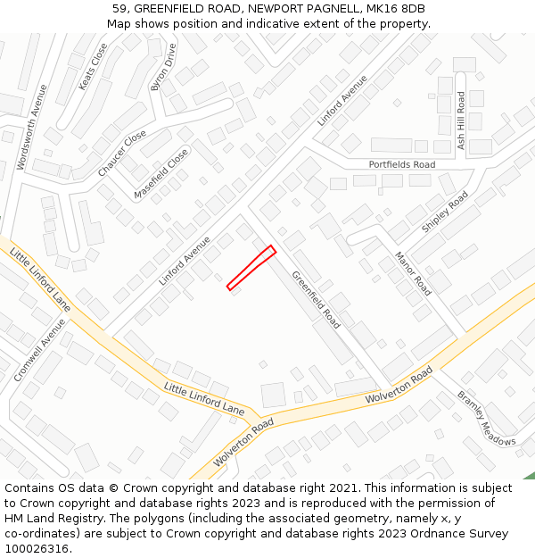 59, GREENFIELD ROAD, NEWPORT PAGNELL, MK16 8DB: Location map and indicative extent of plot