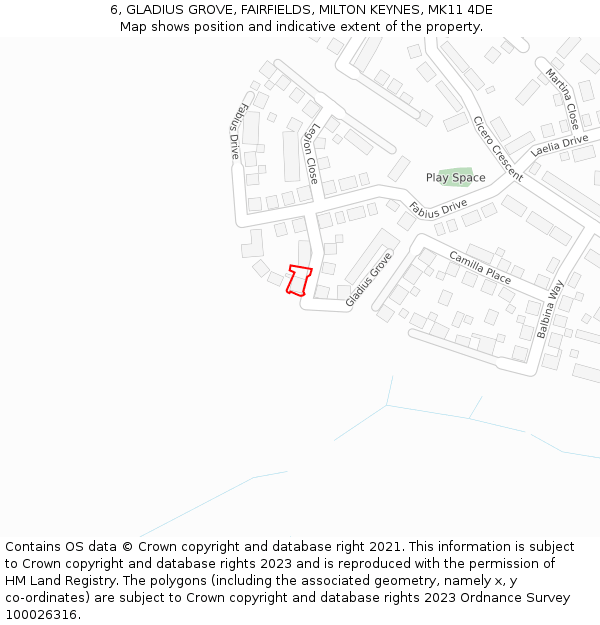 6, GLADIUS GROVE, FAIRFIELDS, MILTON KEYNES, MK11 4DE: Location map and indicative extent of plot