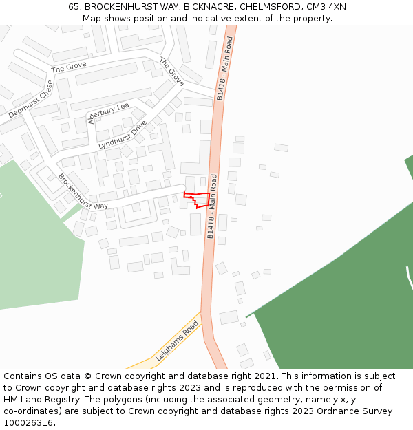 65, BROCKENHURST WAY, BICKNACRE, CHELMSFORD, CM3 4XN: Location map and indicative extent of plot