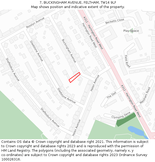 7, BUCKINGHAM AVENUE, FELTHAM, TW14 9LF: Location map and indicative extent of plot