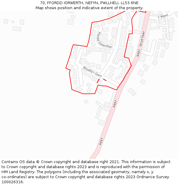 70, FFORDD IORWERTH, NEFYN, PWLLHELI, LL53 6NE: Location map and indicative extent of plot
