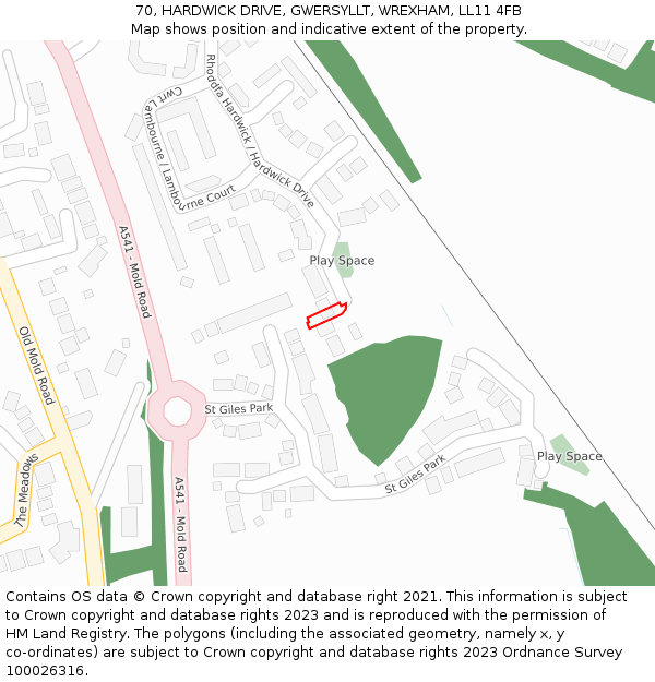70, HARDWICK DRIVE, GWERSYLLT, WREXHAM, LL11 4FB: Location map and indicative extent of plot
