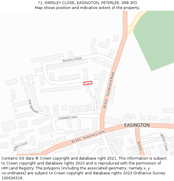 71, PARSLEY CLOSE, EASINGTON, PETERLEE, SR8 3FD: Location map and indicative extent of plot