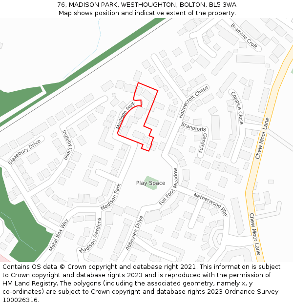 76, MADISON PARK, WESTHOUGHTON, BOLTON, BL5 3WA: Location map and indicative extent of plot