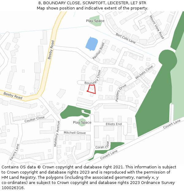 8, BOUNDARY CLOSE, SCRAPTOFT, LEICESTER, LE7 9TR: Location map and indicative extent of plot