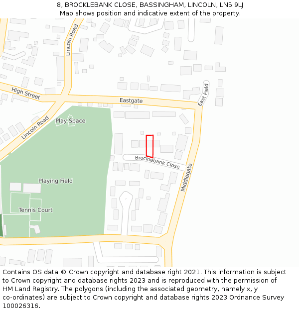 8, BROCKLEBANK CLOSE, BASSINGHAM, LINCOLN, LN5 9LJ: Location map and indicative extent of plot