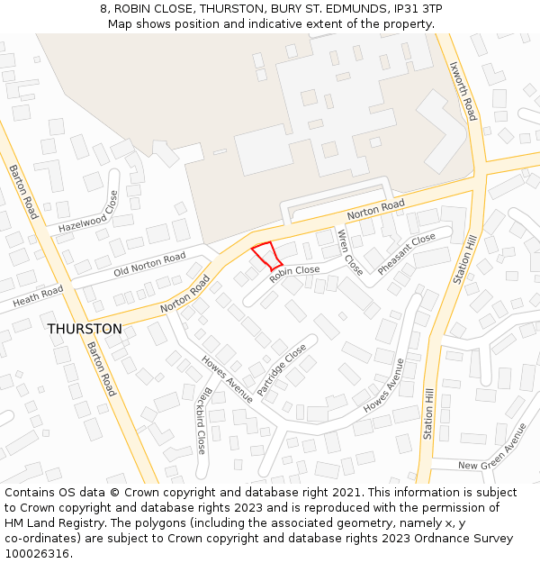 8, ROBIN CLOSE, THURSTON, BURY ST. EDMUNDS, IP31 3TP: Location map and indicative extent of plot