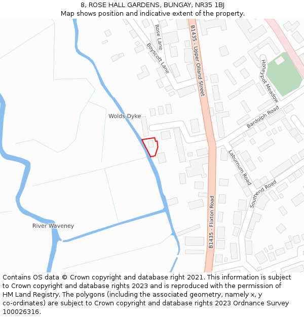 8, ROSE HALL GARDENS, BUNGAY, NR35 1BJ: Location map and indicative extent of plot