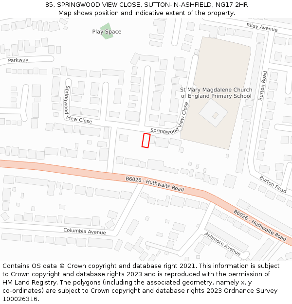 85, SPRINGWOOD VIEW CLOSE, SUTTON-IN-ASHFIELD, NG17 2HR: Location map and indicative extent of plot