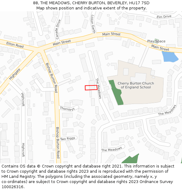 88, THE MEADOWS, CHERRY BURTON, BEVERLEY, HU17 7SD: Location map and indicative extent of plot