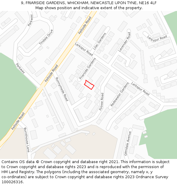 9, FRIARSIDE GARDENS, WHICKHAM, NEWCASTLE UPON TYNE, NE16 4LF: Location map and indicative extent of plot