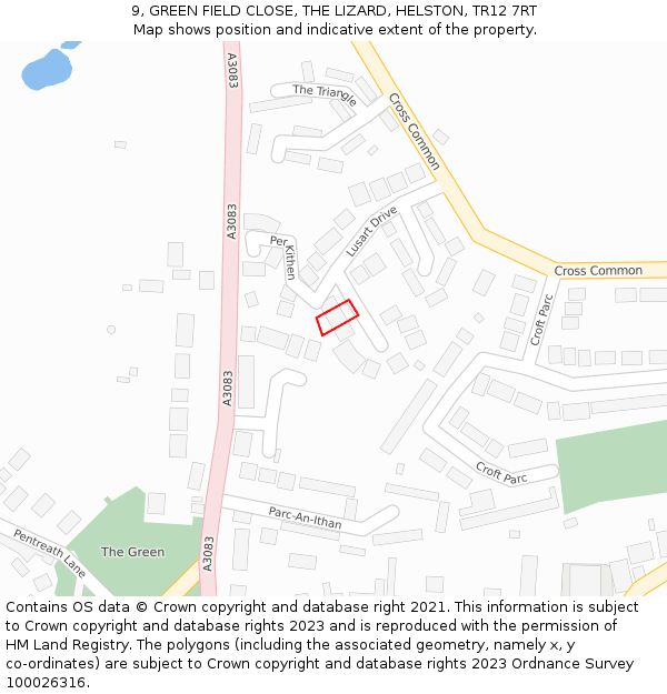 9, GREEN FIELD CLOSE, THE LIZARD, HELSTON, TR12 7RT: Location map and indicative extent of plot