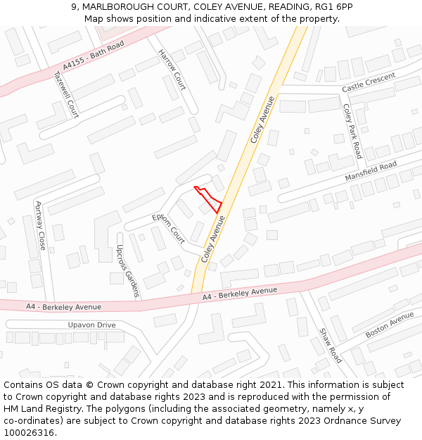 9, MARLBOROUGH COURT, COLEY AVENUE, READING, RG1 6PP: Location map and indicative extent of plot