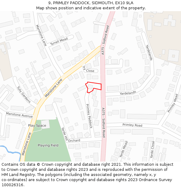 9, PRIMLEY PADDOCK, SIDMOUTH, EX10 9LA: Location map and indicative extent of plot